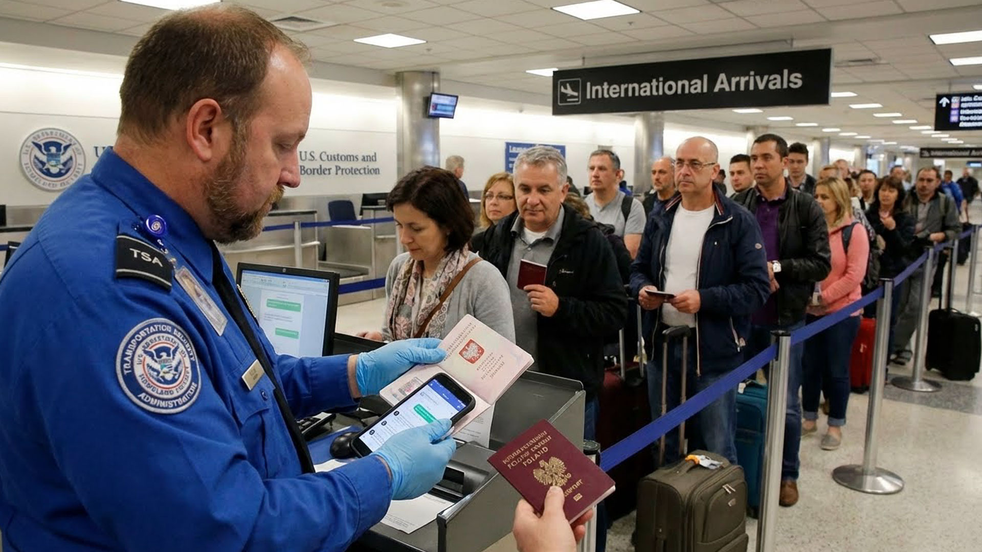 Kontrola telefonu na granicy USA - celnik sprawdza zawartość smartfona