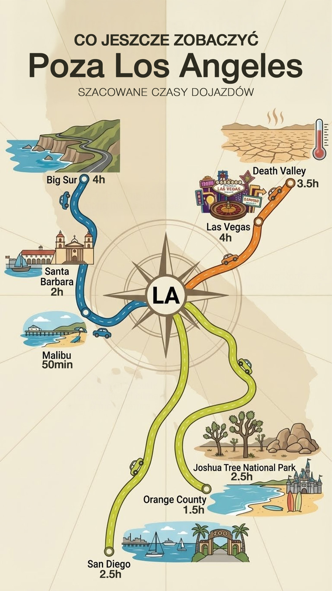 Schemat tras zwiedzania poza Los Angeles